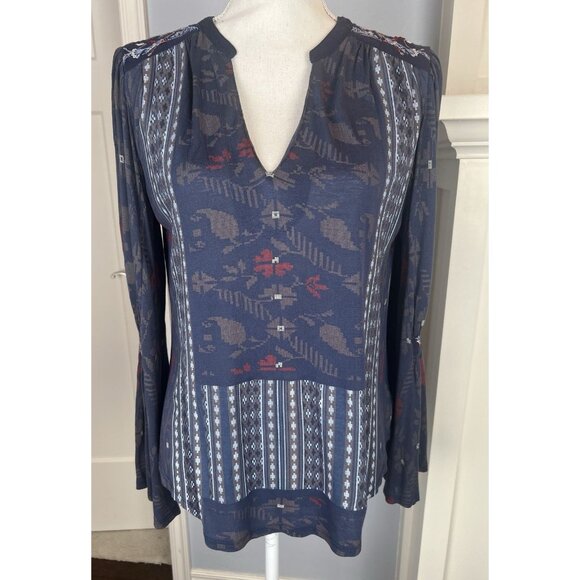 Lucky Brand Womens Bohemian Peasant Top SZ XS Embroidered Print Boho Lightweight - Picture 1 of 14